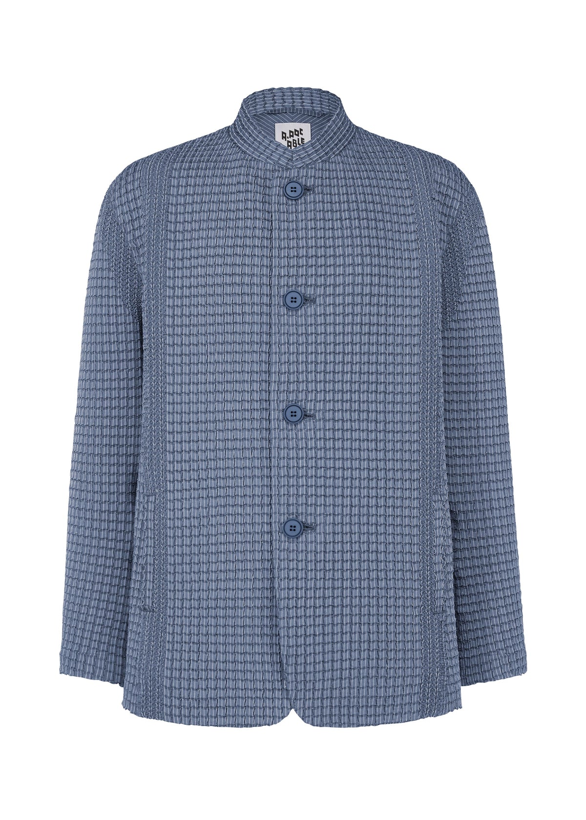 The TYPE-O 014 by A-POC ABLE ISSEY MIYAKE is a textured blue jacket with a standing collar, front pockets, and loose fit. Its grid-shaped pleated fabric has a waffle-like pattern, and features an interior label from the brand. view 2 of 6