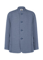 The TYPE-O 014 by A-POC ABLE ISSEY MIYAKE is a textured blue jacket with a standing collar, front pockets, and loose fit. Its grid-shaped pleated fabric has a waffle-like pattern, and features an interior label from the brand. - STEEL BLUE （no.70）