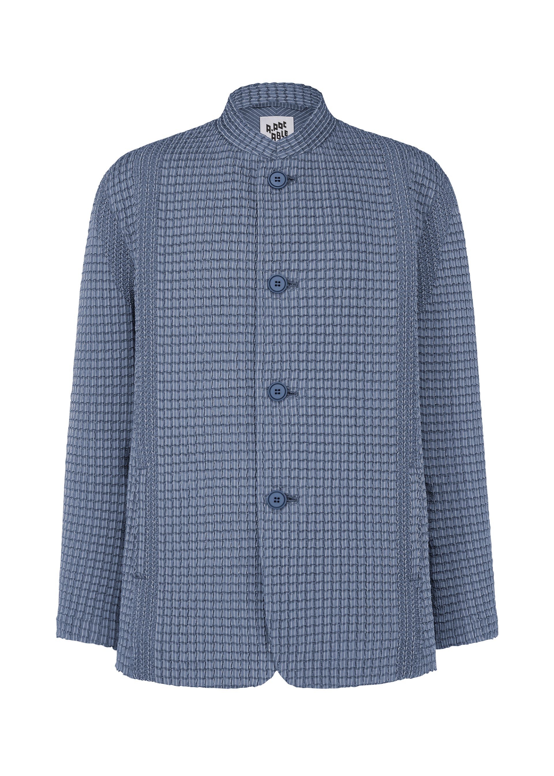 Zoomed view The TYPE-O 014 by A-POC ABLE ISSEY MIYAKE is a textured blue jacket with a standing collar, front pockets, and loose fit. Its grid-shaped pleated fabric has a waffle-like pattern, and features an interior label from the brand. - STEEL BLUE （no.70）