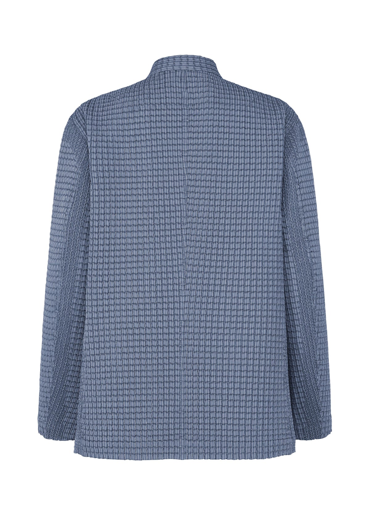 Back view of the TYPE-O 014 jacket by A-POC ABLE ISSEY MIYAKE in blue, with a subtle grid pattern, grid-shaped pleats, flat collar, and straight hem. The lightweight fabric has a slightly crinkled texture for added depth. view 3 of 6