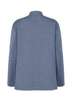 Back view of the TYPE-O 014 jacket by A-POC ABLE ISSEY MIYAKE in blue, with a subtle grid pattern, grid-shaped pleats, flat collar, and straight hem. The lightweight fabric has a slightly crinkled texture for added depth.