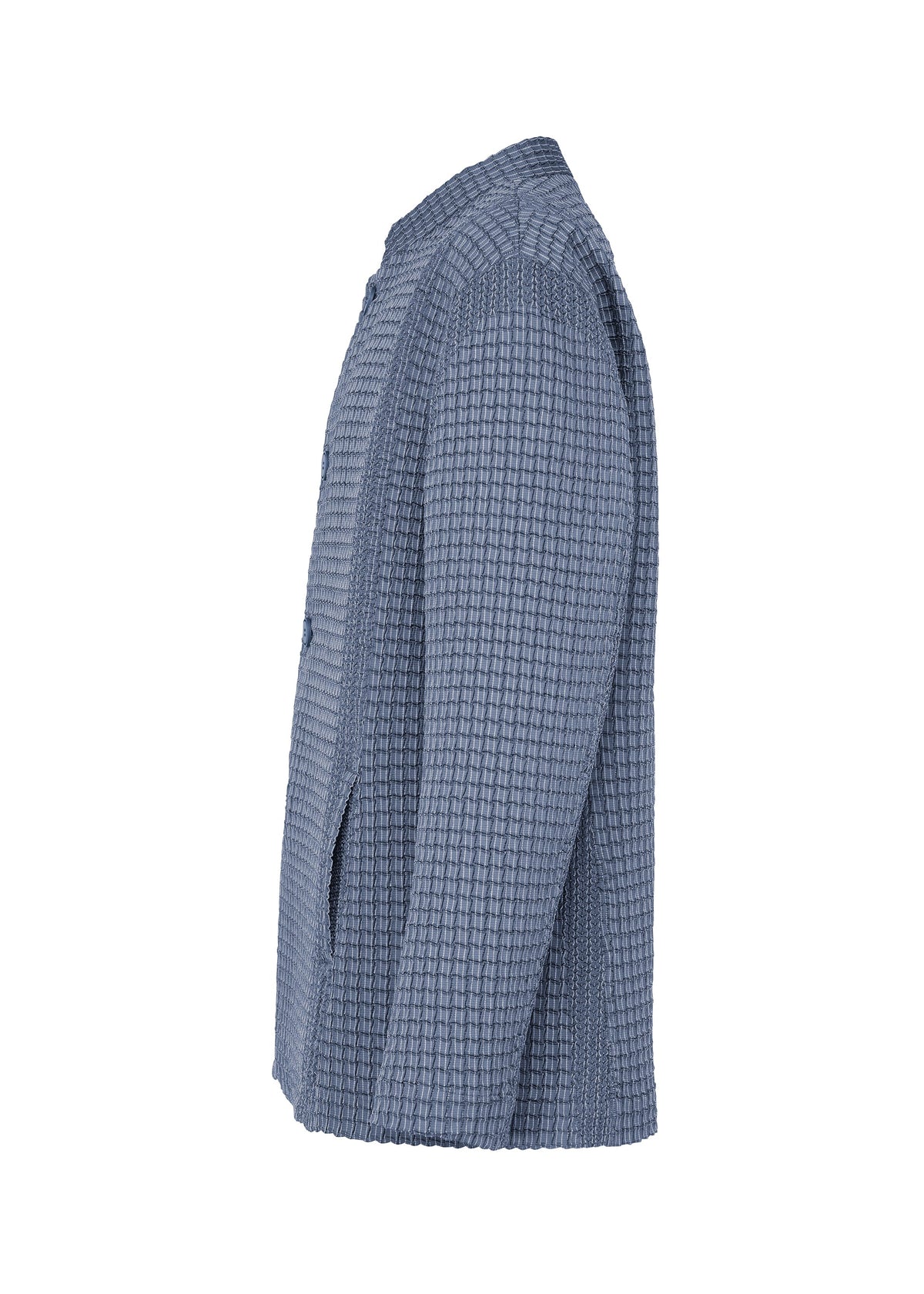 The TYPE-O 014 by A-POC ABLE ISSEY MIYAKE is a blue standing collar jacket with grid pleats, long sleeves, front buttons, and side pockets, blending modern details with classic style. Shown from the side. view 4 of 6