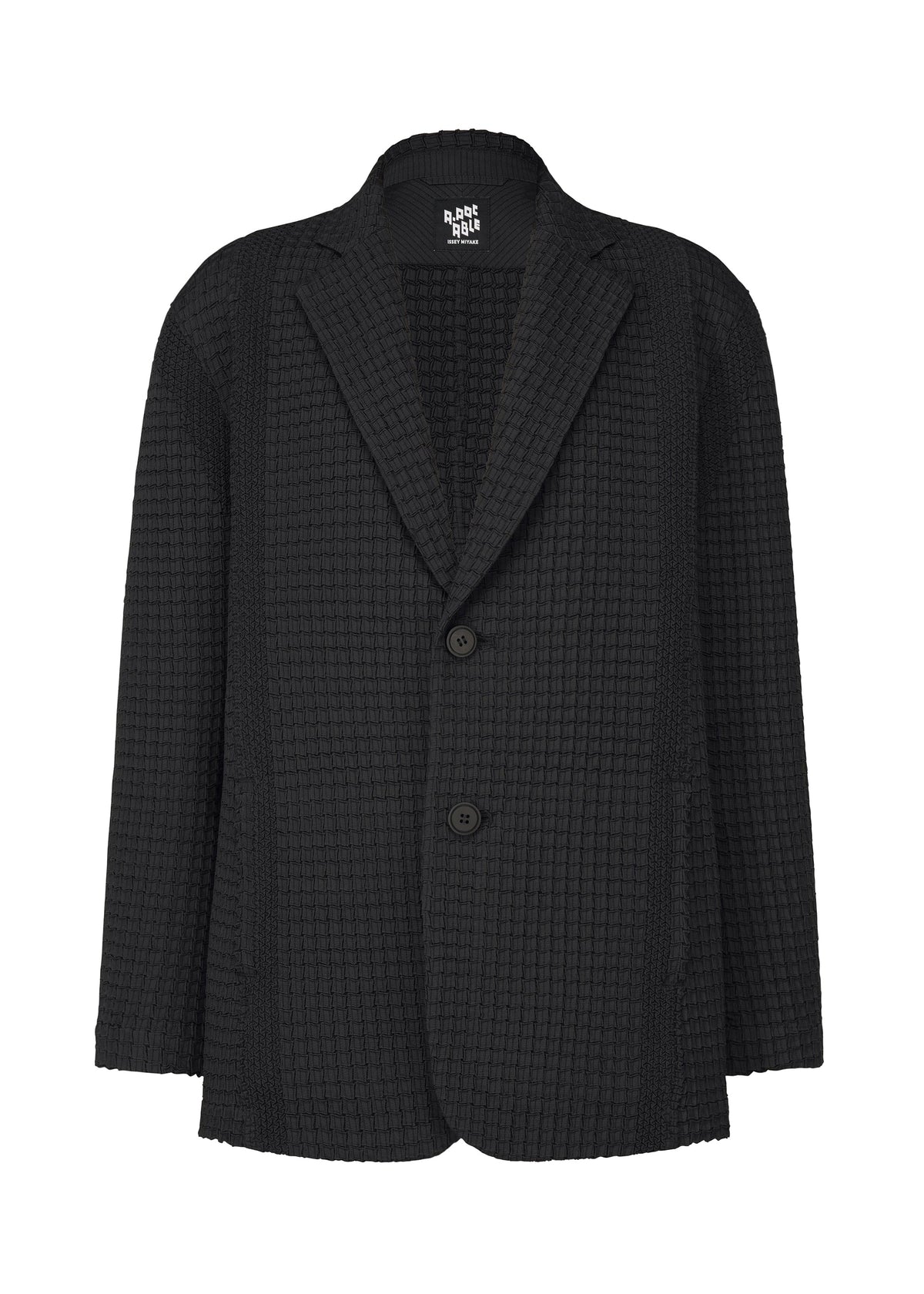 The TYPE-O 014 by A-POC ABLE ISSEY MIYAKE is a black, waffle-knit stretch jacket with a tailored collar, two front buttons, patch pockets, and subtle grid-shaped pleats, shown on a white background. view 1 of 7