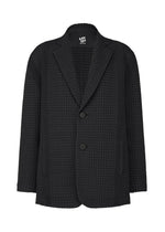 The TYPE-O 014 by A-POC ABLE ISSEY MIYAKE is a black, waffle-knit stretch jacket with a tailored collar, two front buttons, patch pockets, and subtle grid-shaped pleats, shown on a white background. - BLACK （no.15）
