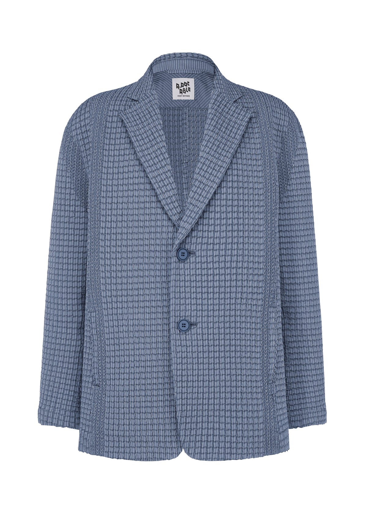 The TYPE-O 014 by A-POC ABLE ISSEY MIYAKE is a blue blazer featuring a subtle checkered pattern, grid-shaped pleats, notched lapel collar, two buttons, and two front pockets, shown against a white background. view 2 of 8