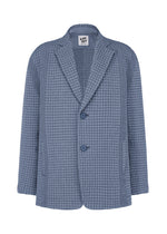The TYPE-O 014 by A-POC ABLE ISSEY MIYAKE is a blue blazer featuring a subtle checkered pattern, grid-shaped pleats, notched lapel collar, two buttons, and two front pockets, shown against a white background. - STEEL BLUE （no.70）
