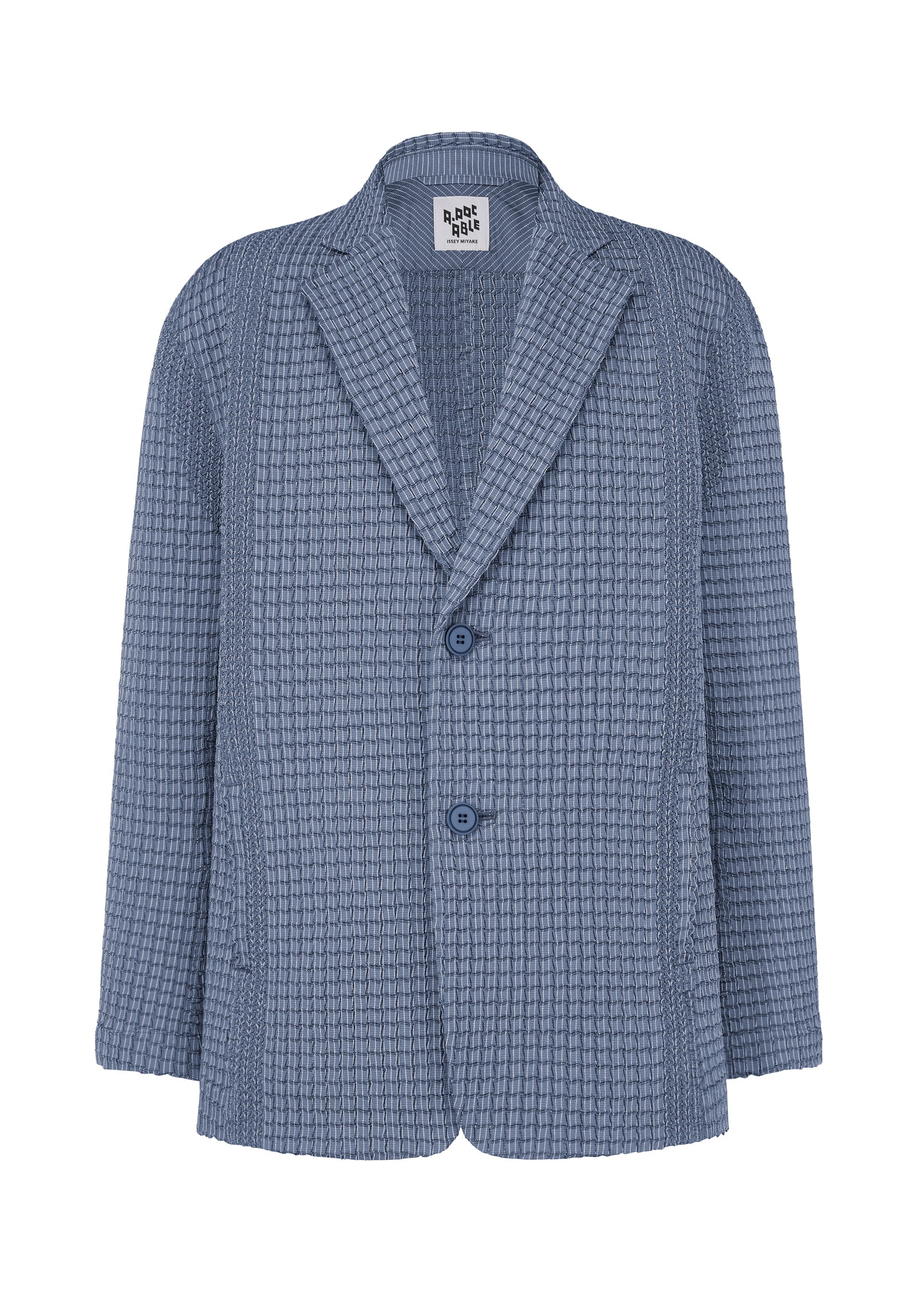 Zoomed view The TYPE-O 014 by A-POC ABLE ISSEY MIYAKE is a blue blazer featuring a subtle checkered pattern, grid-shaped pleats, notched lapel collar, two buttons, and two front pockets, shown against a white background. - STEEL BLUE （no.70）