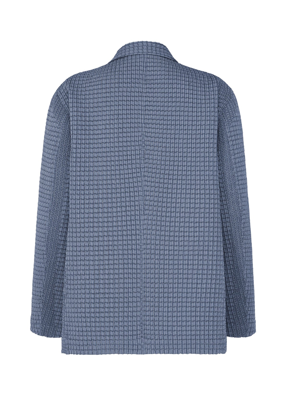 Back view of the A-POC ABLE ISSEY MIYAKE TYPE-O 014 jacket in blue, featuring a tailored collar, long sleeves, and subtle grid-shaped pleats on its soft, lightweight Steam Stretch fabric. view 3 of 8