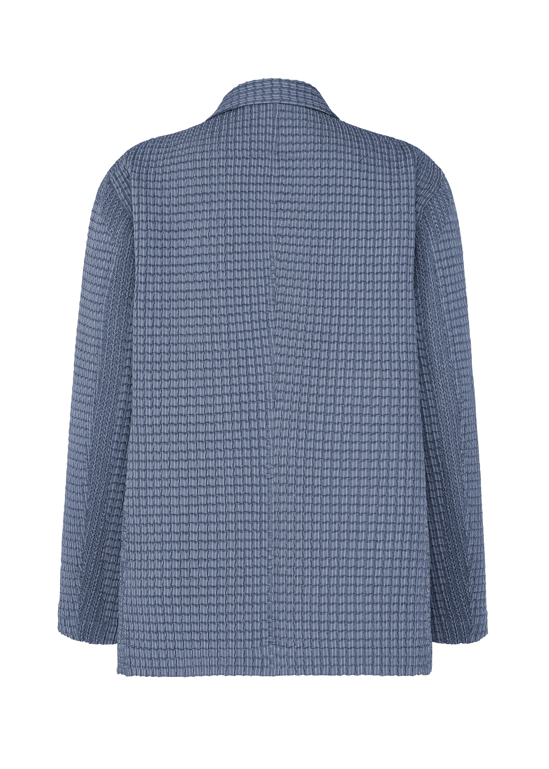 Zoomed view Back view of the A-POC ABLE ISSEY MIYAKE TYPE-O 014 jacket in blue, featuring a tailored collar, long sleeves, and subtle grid-shaped pleats on its soft, lightweight Steam Stretch fabric.