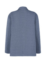 The TYPE-O 014 by A-POC ABLE ISSEY MIYAKE is a blue, textured stretch jacket with long sleeves, a subtle checkered pattern, and a relaxed straight fit, shown from the back.