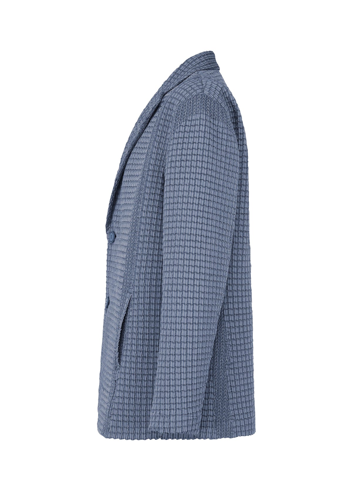 Side view of the TYPE-O 014 jacket by A-POC ABLE ISSEY MIYAKE in light blue with a tailored collar, grid-shaped pleats, waffle texture, two buttons, and front pockets, photographed against a white background. view 4 of 8
