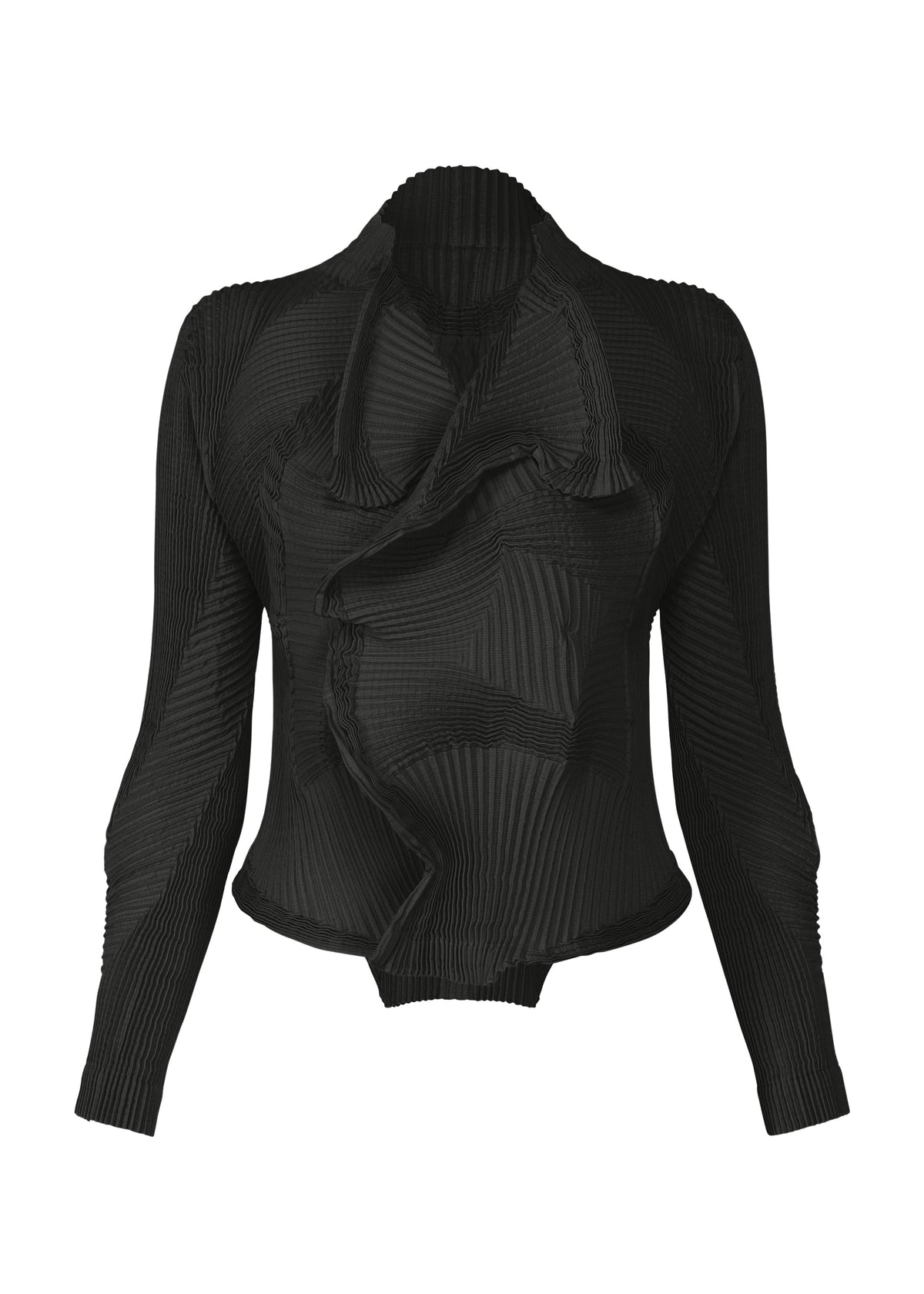 The TYPE-O 022 by A-POC ABLE ISSEY MIYAKE is a black long-sleeve top with asymmetric pleats and sculptural wavy details, inspired by Japanese Washi paper jacket techniques. It features a fitted silhouette and high neckline for a modern look. view 2 of 8