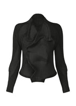 The TYPE-O 022 by A-POC ABLE ISSEY MIYAKE is a black long-sleeve top with asymmetric pleats and sculptural wavy details, inspired by Japanese Washi paper jacket techniques. It features a fitted silhouette and high neckline for a modern look. - BLACK （no.15）