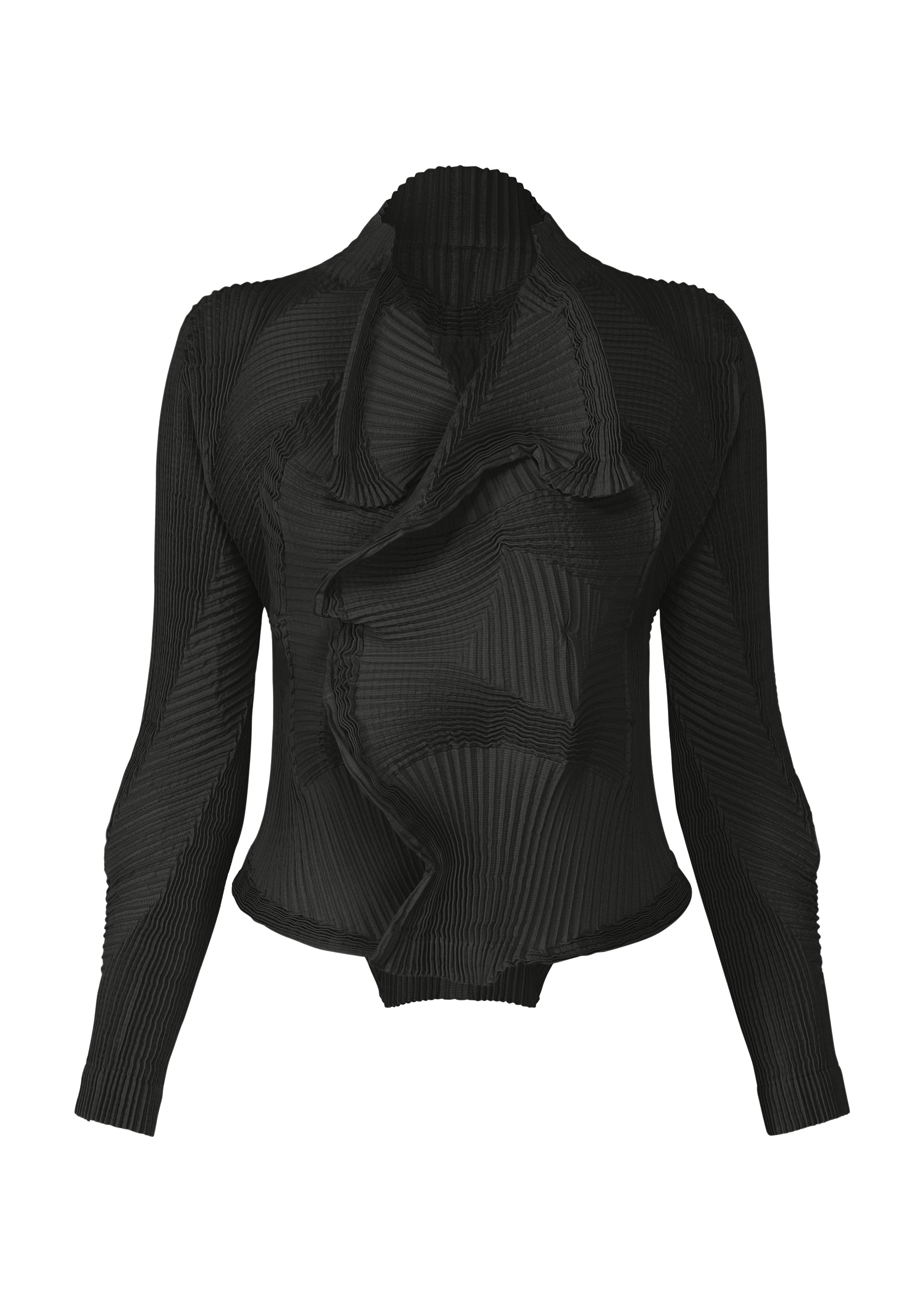 Zoomed view The TYPE-O 022 by A-POC ABLE ISSEY MIYAKE is a black long-sleeve top with asymmetric pleats and sculptural wavy details, inspired by Japanese Washi paper jacket techniques. It features a fitted silhouette and high neckline for a modern look. - BLACK （no.15）