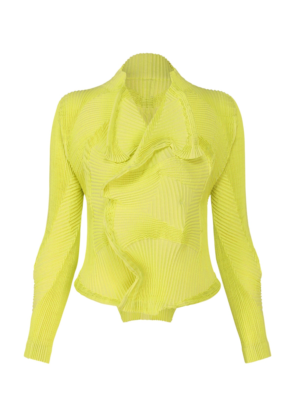 The TYPE-O 022 by A-POC ABLE ISSEY MIYAKE is a lime green long-sleeve pleated blouse with an asymmetrical ruffled front and fitted waist, inspired by the texture of a Japanese Washi paper jacket. view 3 of 8