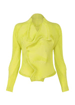 The TYPE-O 022 by A-POC ABLE ISSEY MIYAKE is a lime green long-sleeve pleated blouse with an asymmetrical ruffled front and fitted waist, inspired by the texture of a Japanese Washi paper jacket. - LIME GREEN （no.63）