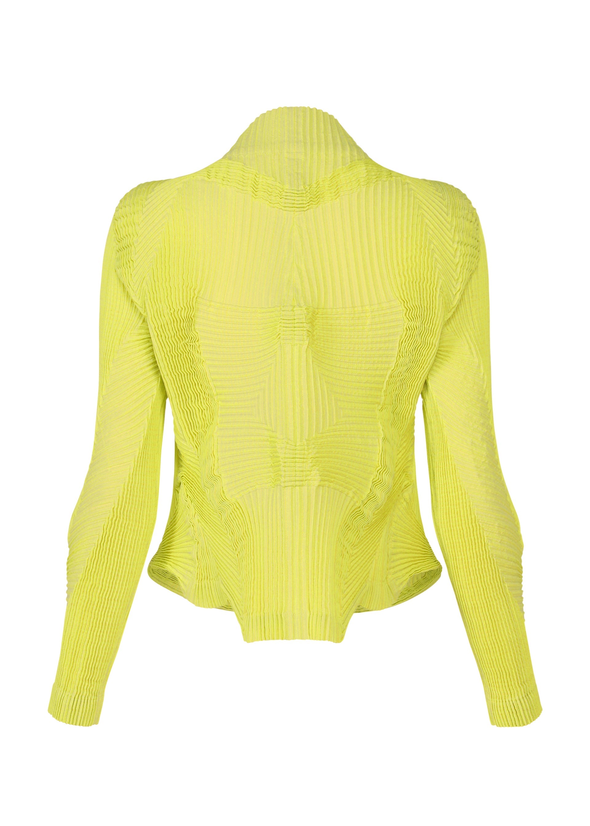 Zoomed view The TYPE-O 022 by A-POC ABLE ISSEY MIYAKE is a bright yellow, long-sleeved fitted top with ribbed texture and high neckline. Seen from the back, its sculptural wavy details are inspired by Japanese Washi paper jackets.