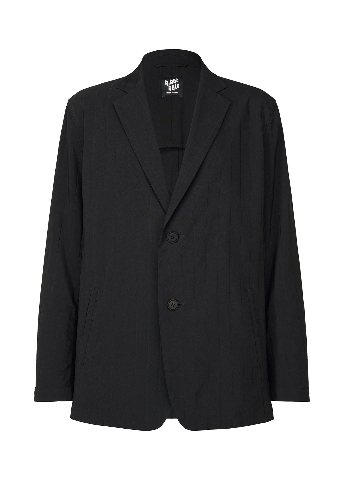 The TYPE-Ⅰ 007 by A-POC ABLE ISSEY MIYAKE is a black striped, single-breasted jacket with notched lapels, two buttons, and front welt pockets, shown against a plain white background. view 1 of 5
