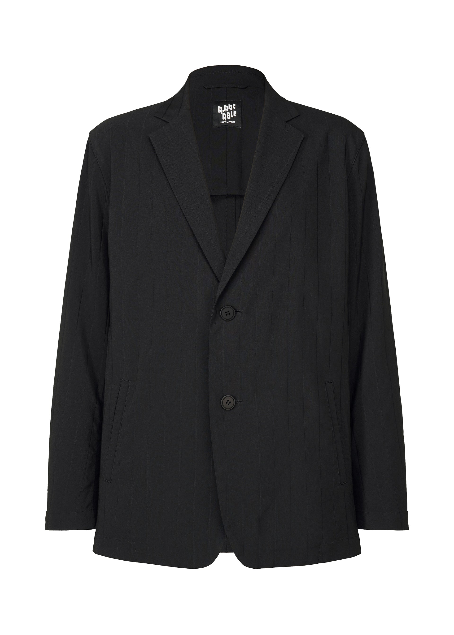 Zoomed view The TYPE-Ⅰ 007 by A-POC ABLE ISSEY MIYAKE is a black striped, single-breasted jacket with notched lapels, two buttons, and front welt pockets, shown against a plain white background. - BLACK （no.15）