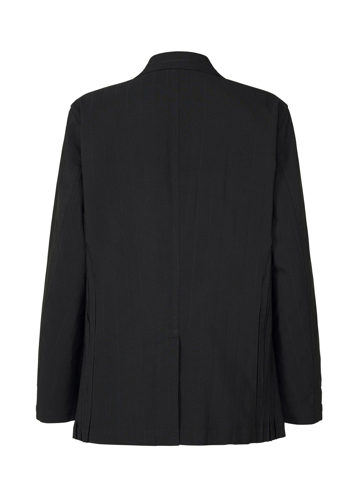 The TYPE-Ⅰ 007 by A-POC ABLE ISSEY MIYAKE is a black jacket with subtle vertical pinstripes, long sleeves, a notched collar, a back vent, and a classic structured silhouette featuring advanced Steam Stretch technology. view 2 of 5