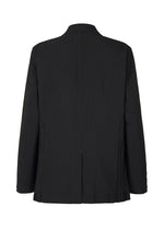 The TYPE-Ⅰ 007 by A-POC ABLE ISSEY MIYAKE is a black jacket with subtle vertical pinstripes, long sleeves, a notched collar, a back vent, and a classic structured silhouette featuring advanced Steam Stretch technology.