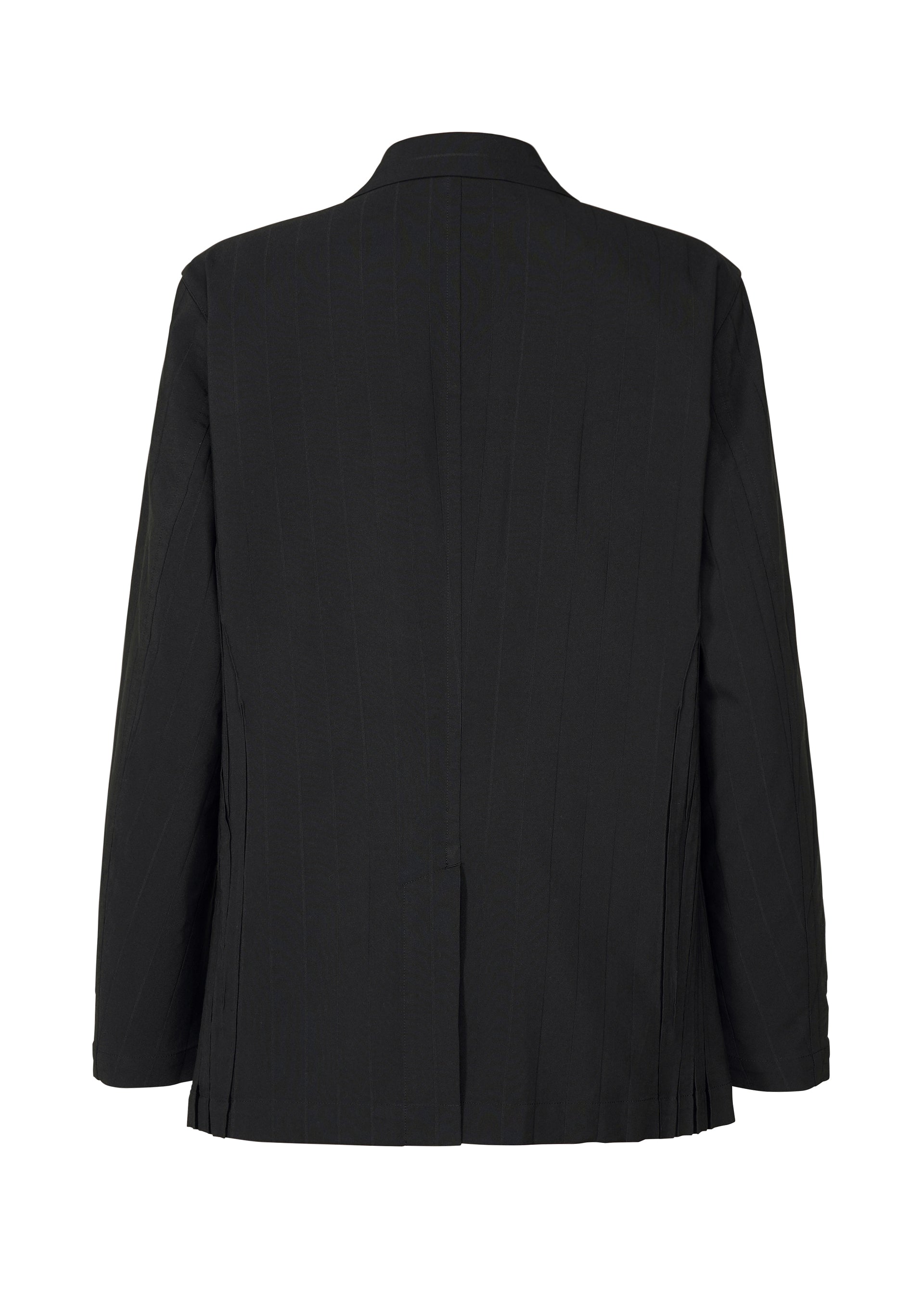 Zoomed view The TYPE-Ⅰ 007 by A-POC ABLE ISSEY MIYAKE is a black jacket with subtle vertical pinstripes, long sleeves, a notched collar, a back vent, and a classic structured silhouette featuring advanced Steam Stretch technology.