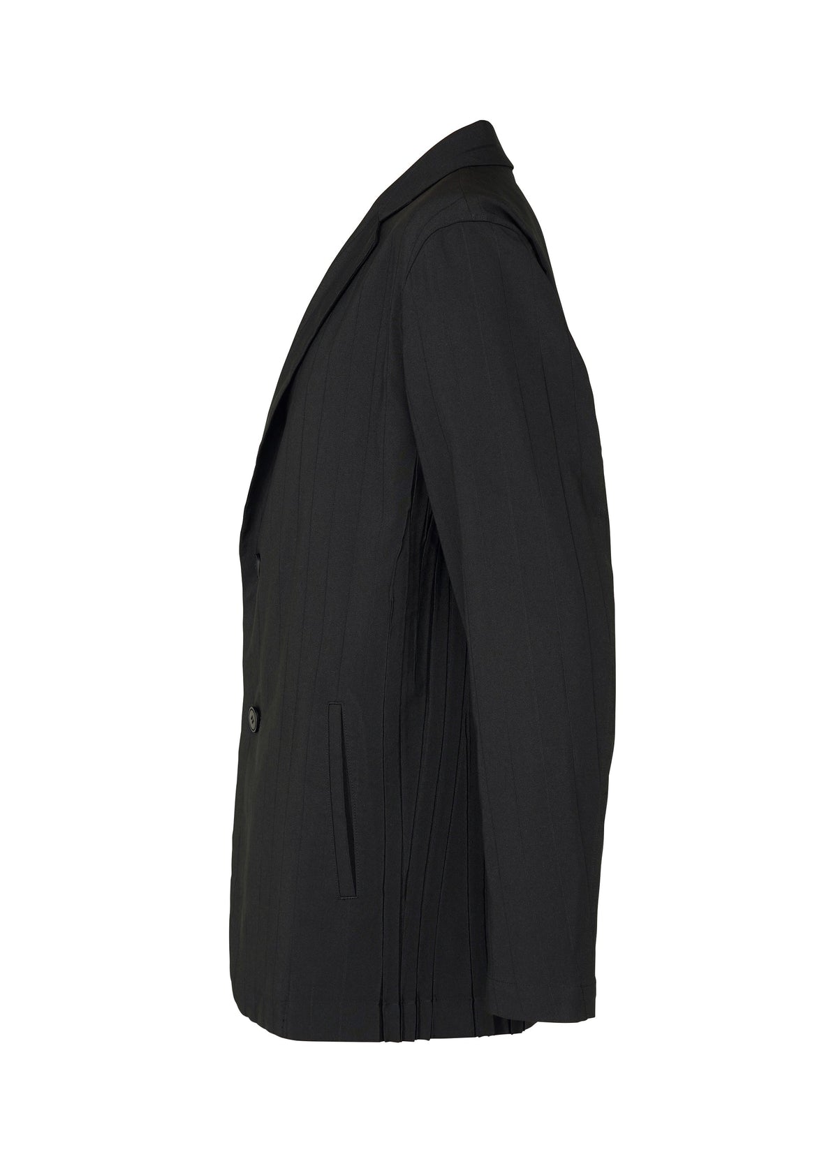 The TYPE-Ⅰ 007 by A-POC ABLE ISSEY MIYAKE is a black striped jacket with a notched lapel, two front pockets, front buttons, and side pleats that enhance its modern Steam Stretch finish. view 3 of 5