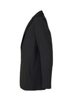 The TYPE-Ⅰ 007 by A-POC ABLE ISSEY MIYAKE is a black striped jacket with a notched lapel, two front pockets, front buttons, and side pleats that enhance its modern Steam Stretch finish.