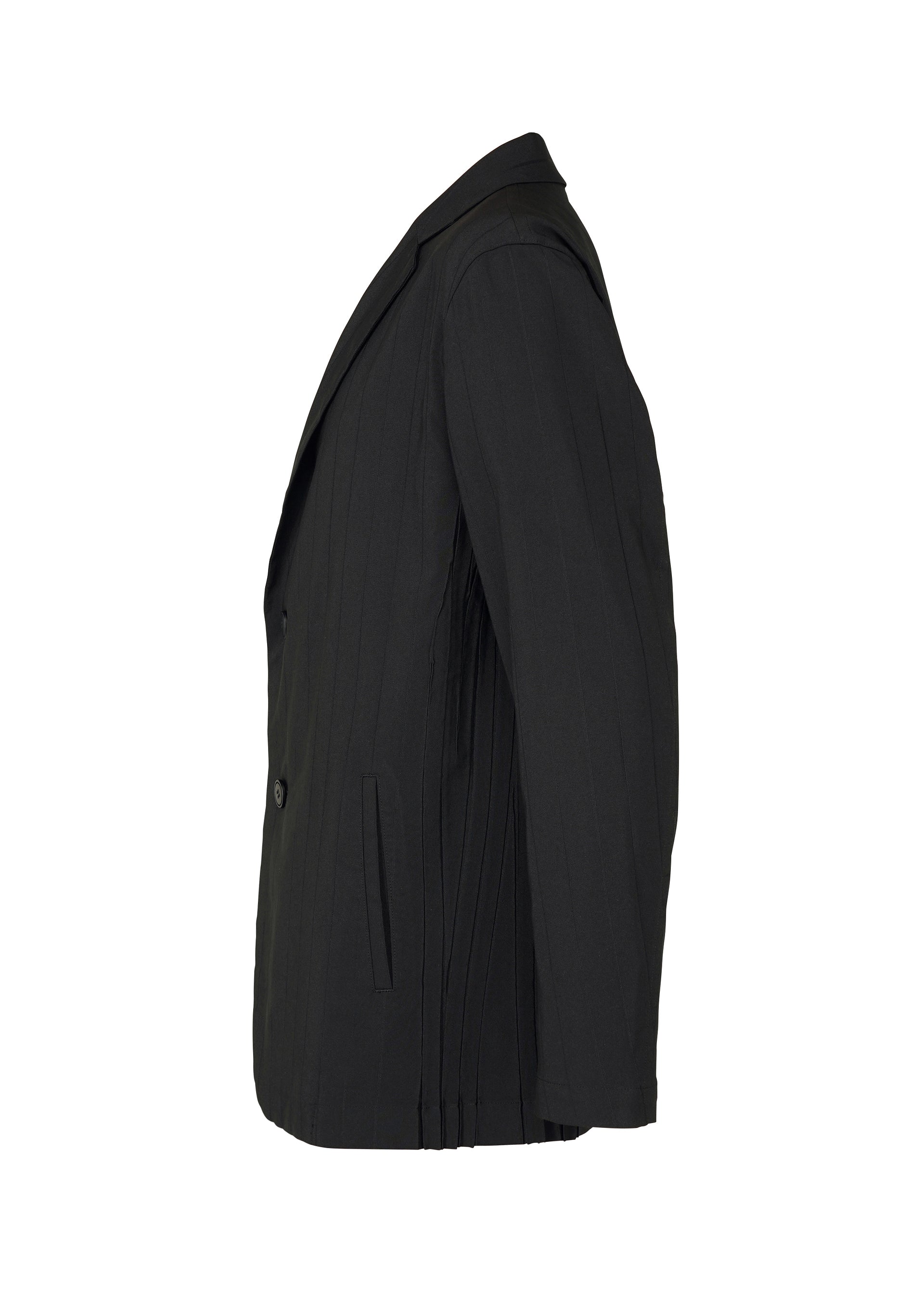 Zoomed view The TYPE-Ⅰ 007 by A-POC ABLE ISSEY MIYAKE is a black striped jacket with a notched lapel, two front pockets, front buttons, and side pleats that enhance its modern Steam Stretch finish.
