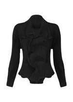 The TYPE-Ⅰ 008 by A-POC ABLE ISSEY MIYAKE is a black, long-sleeve Steam Stretch jacket with a pleated, wavy design and structured asymmetrical ruffled front, crafted from innovative Triporous material. - BLACK （no.15）