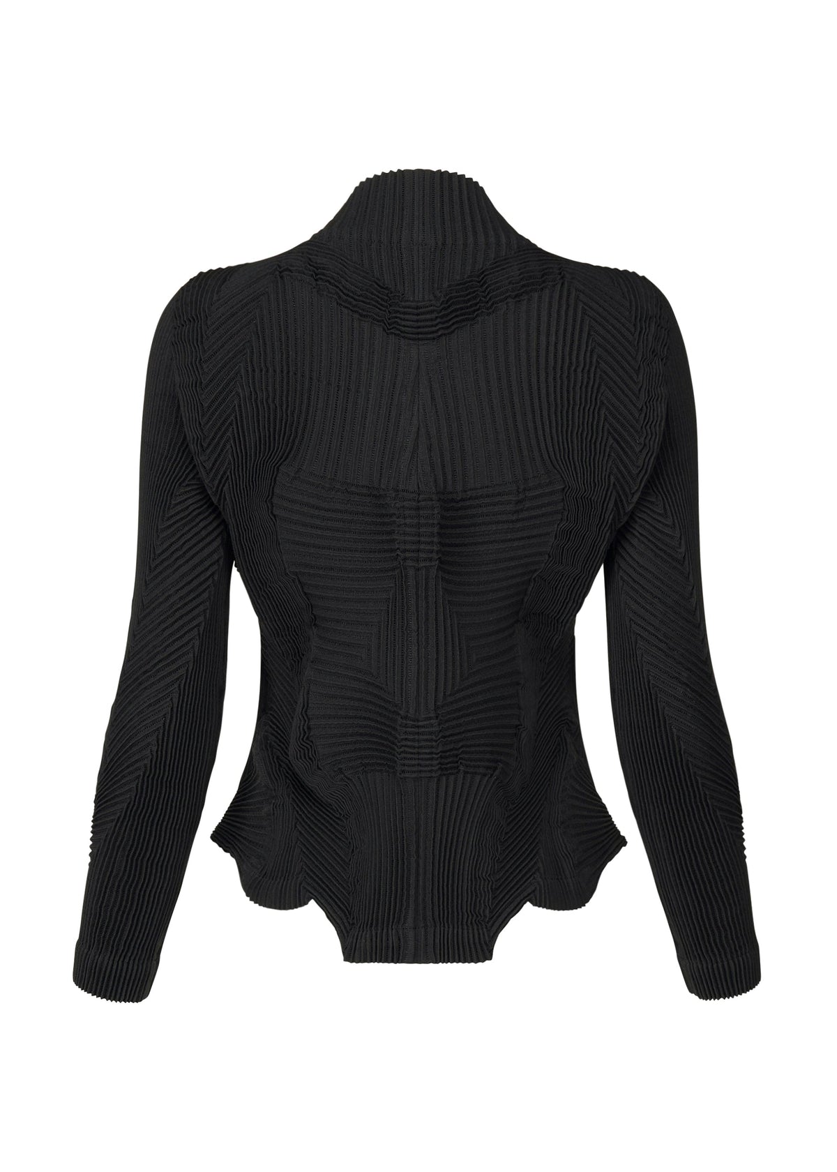 The TYPE-Ⅰ 008 by A-POC ABLE ISSEY MIYAKE is a black long-sleeve Steam Stretch jacket with a fitted, geometric pleated pattern and slightly flared waist, shown from the back against a plain white background. view 2 of 4
