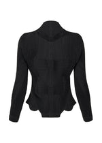 The TYPE-Ⅰ 008 by A-POC ABLE ISSEY MIYAKE is a black long-sleeve Steam Stretch jacket with a fitted, geometric pleated pattern and slightly flared waist, shown from the back against a plain white background.