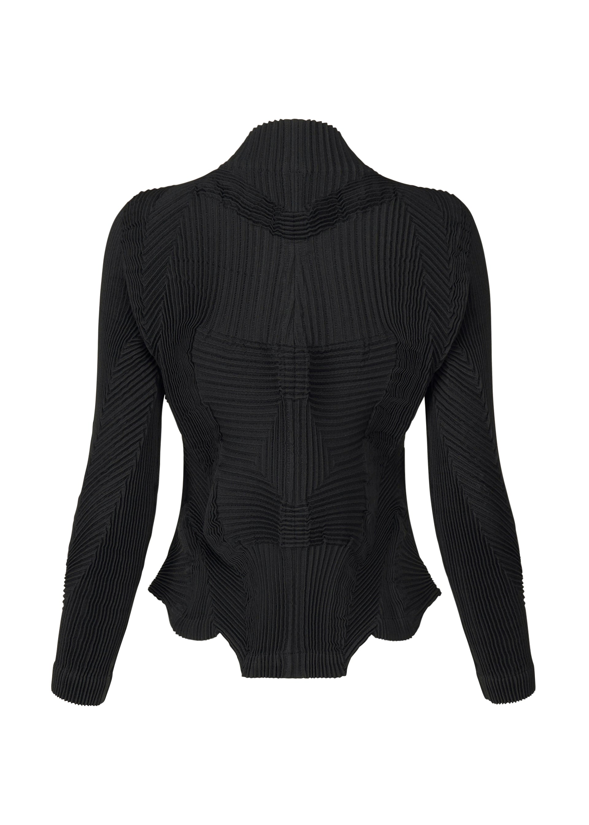 Zoomed view The TYPE-Ⅰ 008 by A-POC ABLE ISSEY MIYAKE is a black long-sleeve Steam Stretch jacket with a fitted, geometric pleated pattern and slightly flared waist, shown from the back against a plain white background.