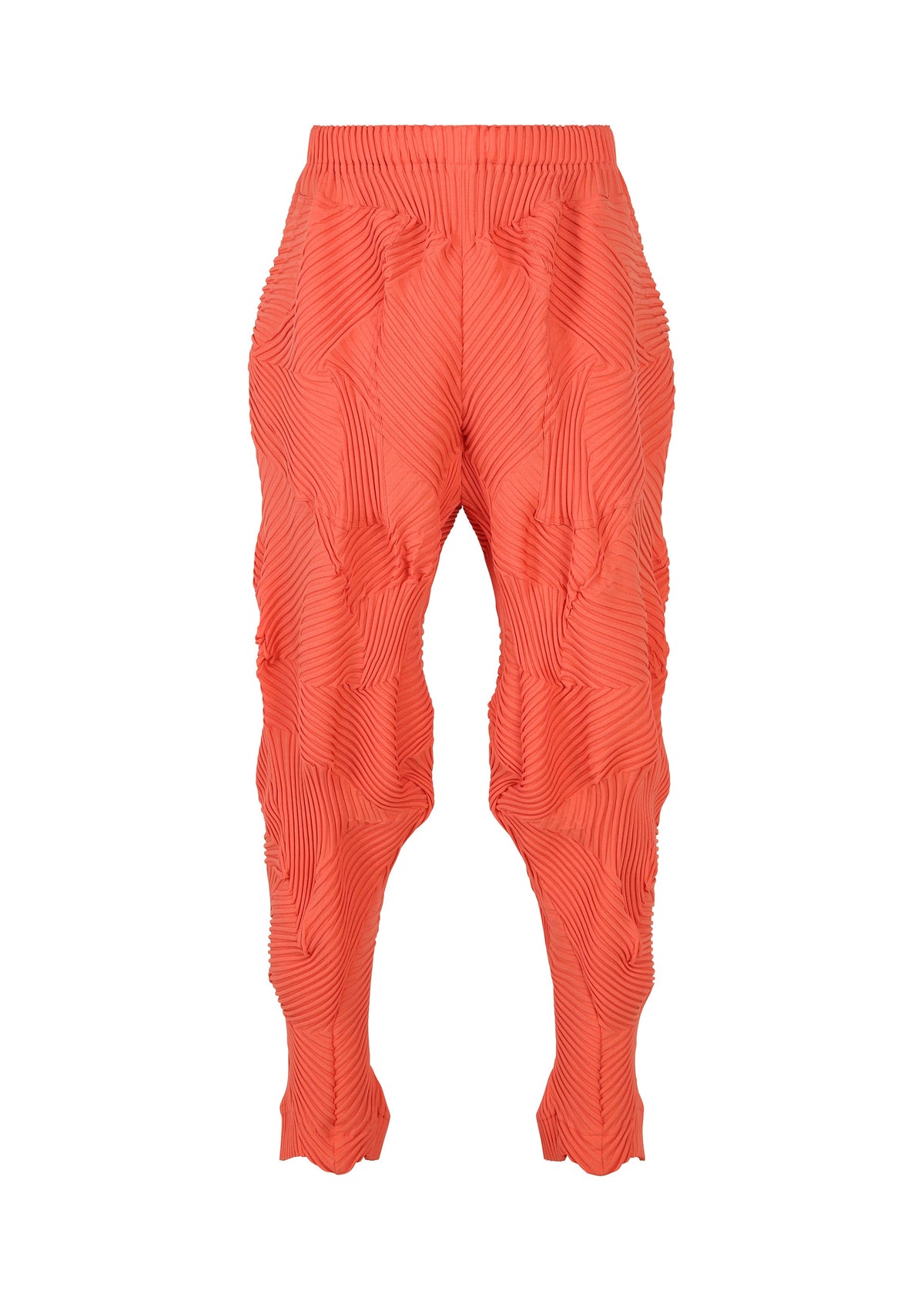 The TYPE-P 003-1 pants by A-POC ABLE ISSEY MIYAKE feature a bright orange hue, high waist, tapered legs, and Baked Stretch pleating with wavy raised patterns. These soft-textured pants have no visible pockets or fastenings for standout everyday style. view 2 of 9