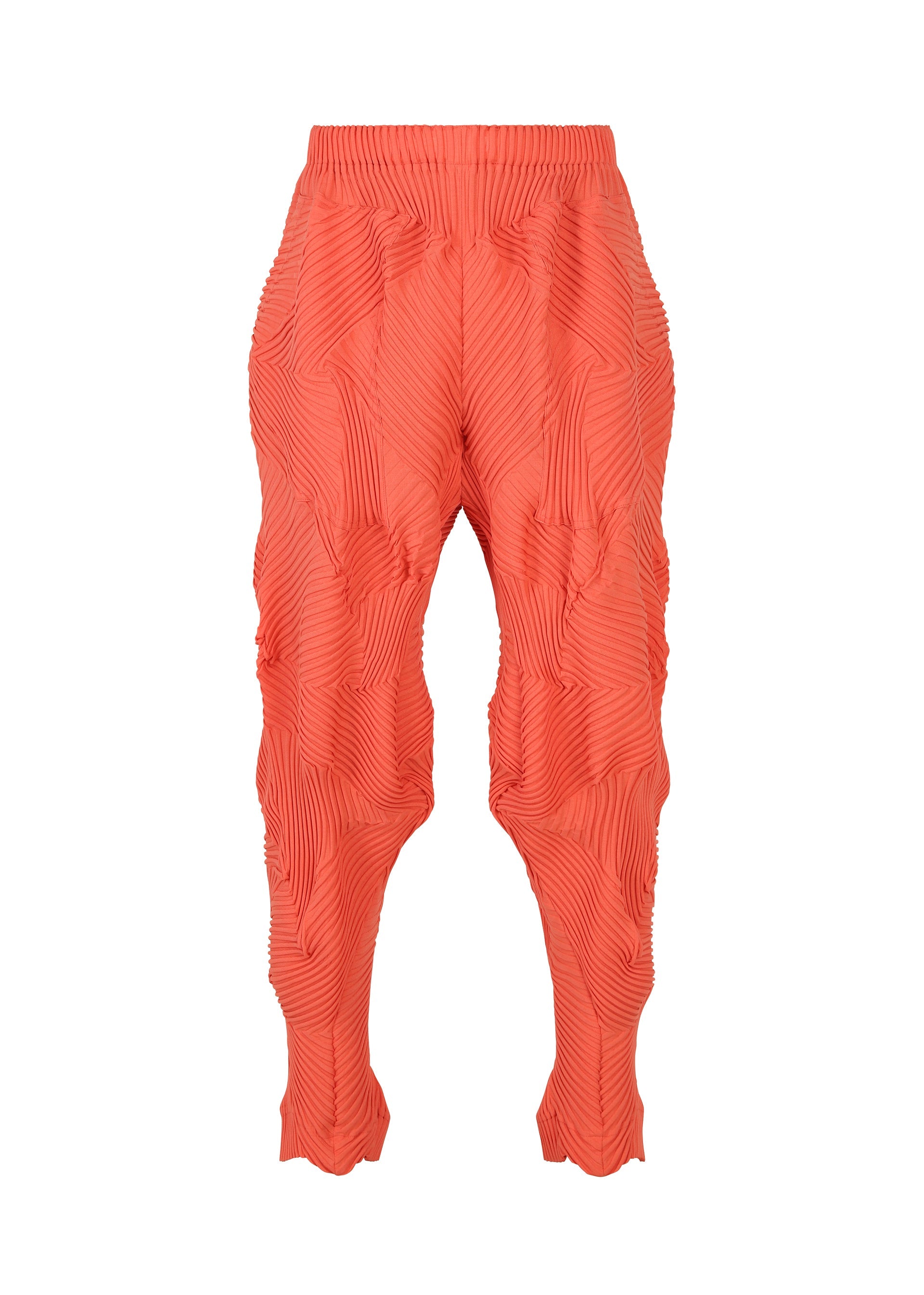 Zoomed view The TYPE-P 003-1 pants by A-POC ABLE ISSEY MIYAKE feature a bright orange hue, high waist, tapered legs, and Baked Stretch pleating with wavy raised patterns. These soft-textured pants have no visible pockets or fastenings for standout everyday style. - SALMON RED （no.25）