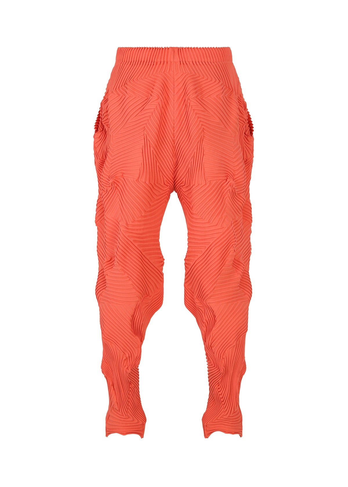 The TYPE-P 003-1 pants by A-POC ABLE ISSEY MIYAKE showcase bright coral Baked Stretch pleating, wavy sculpted seams, an elastic waistband, and ripple details for soft texture—perfect for versatile everyday wear. view 4 of 9