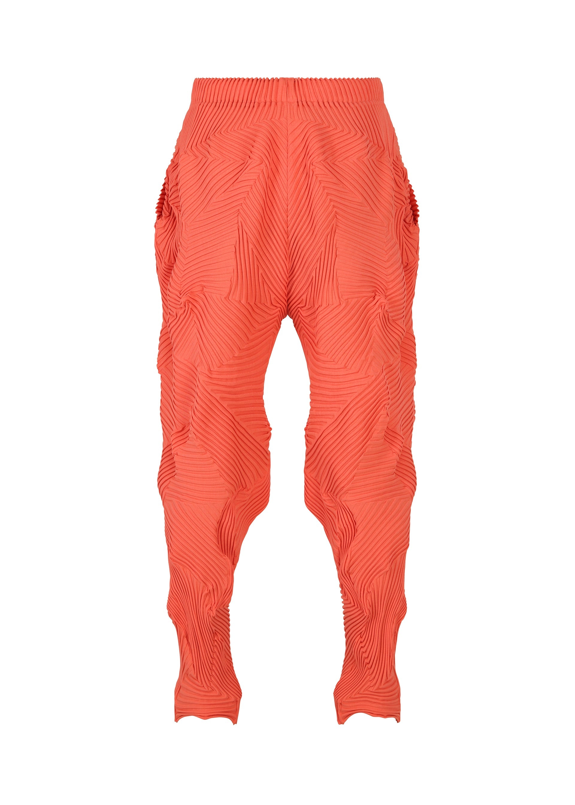 Zoomed view The TYPE-P 003-1 pants by A-POC ABLE ISSEY MIYAKE showcase bright coral Baked Stretch pleating, wavy sculpted seams, an elastic waistband, and ripple details for soft texture—perfect for versatile everyday wear.