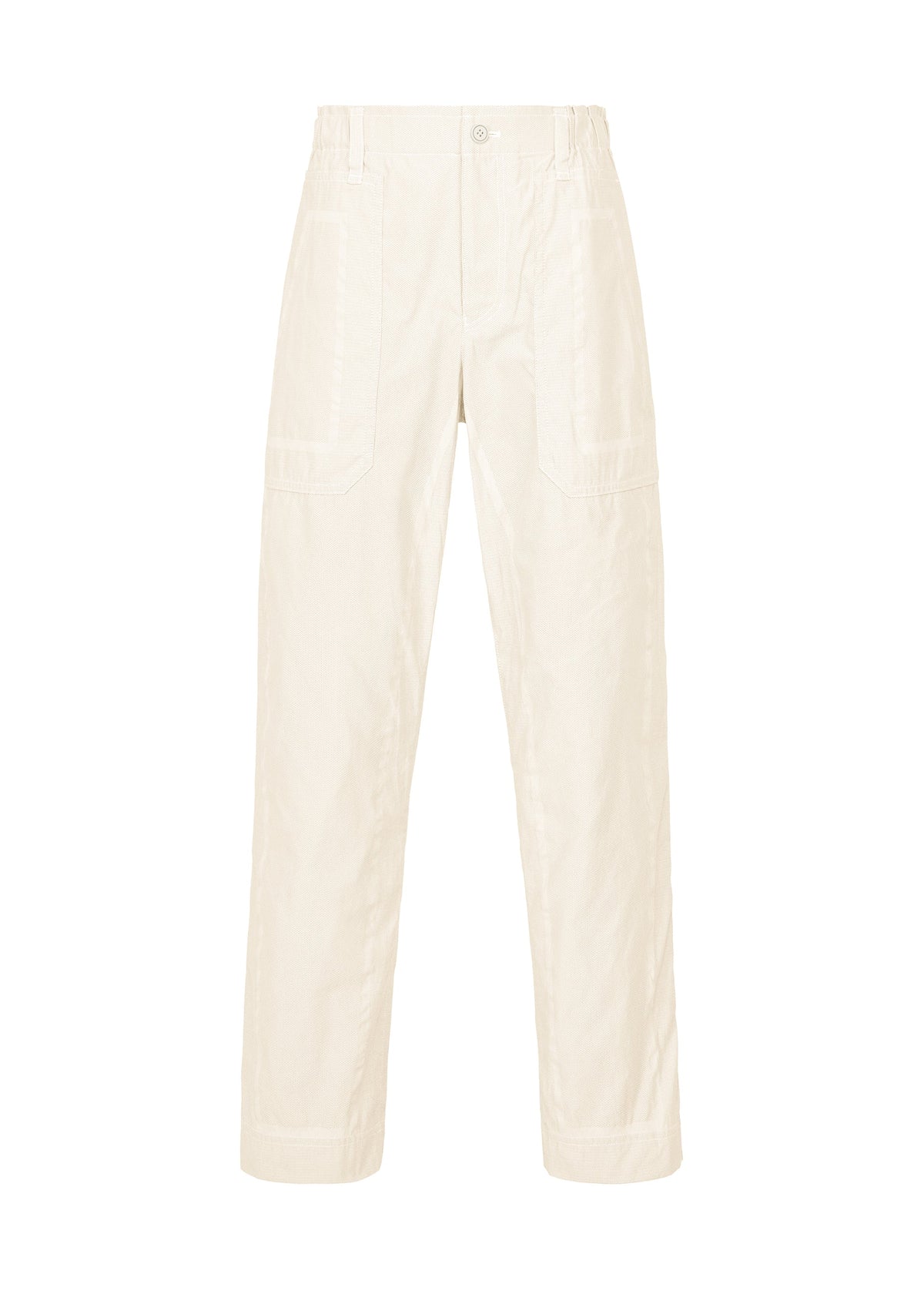 The TYPE-U 001 pants by A-POC ABLE ISSEY MIYAKE are beige, high-waisted straight-leg trousers featuring front patch pockets, a button and zip closure, and visible stitching details. Designed with a relaxed fit and crafted from wrinkle-resistant fabric, these pants are showcased against a plain white background. view 1 of 6