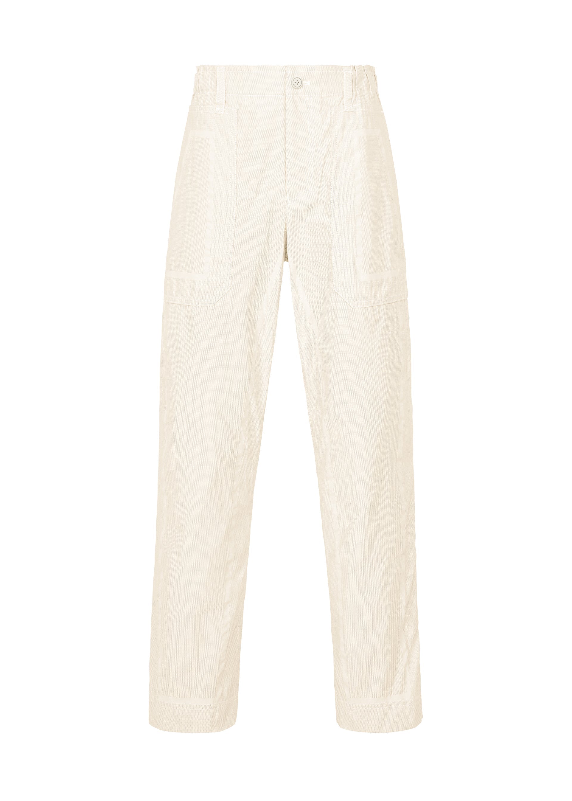 Zoomed view The TYPE-U 001 pants by A-POC ABLE ISSEY MIYAKE are beige, high-waisted straight-leg trousers featuring front patch pockets, a button and zip closure, and visible stitching details. Designed with a relaxed fit and crafted from wrinkle-resistant fabric, these pants are showcased against a plain white background. - IVORY （no.03）
