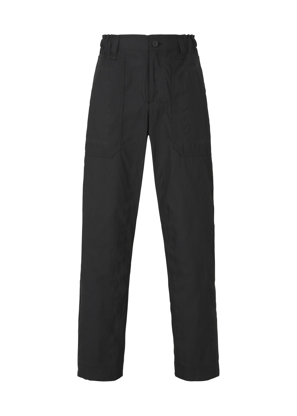 Introducing the TYPE-U 001 trousers by A-POC ABLE ISSEY MIYAKE: black straight-leg pants featuring a high waist, front button and zipper closure, and large front patch pockets. Crafted in wrinkle-resistant fabric for a polished look all day, these adjustable style pants are showcased against a white background. view 2 of 6