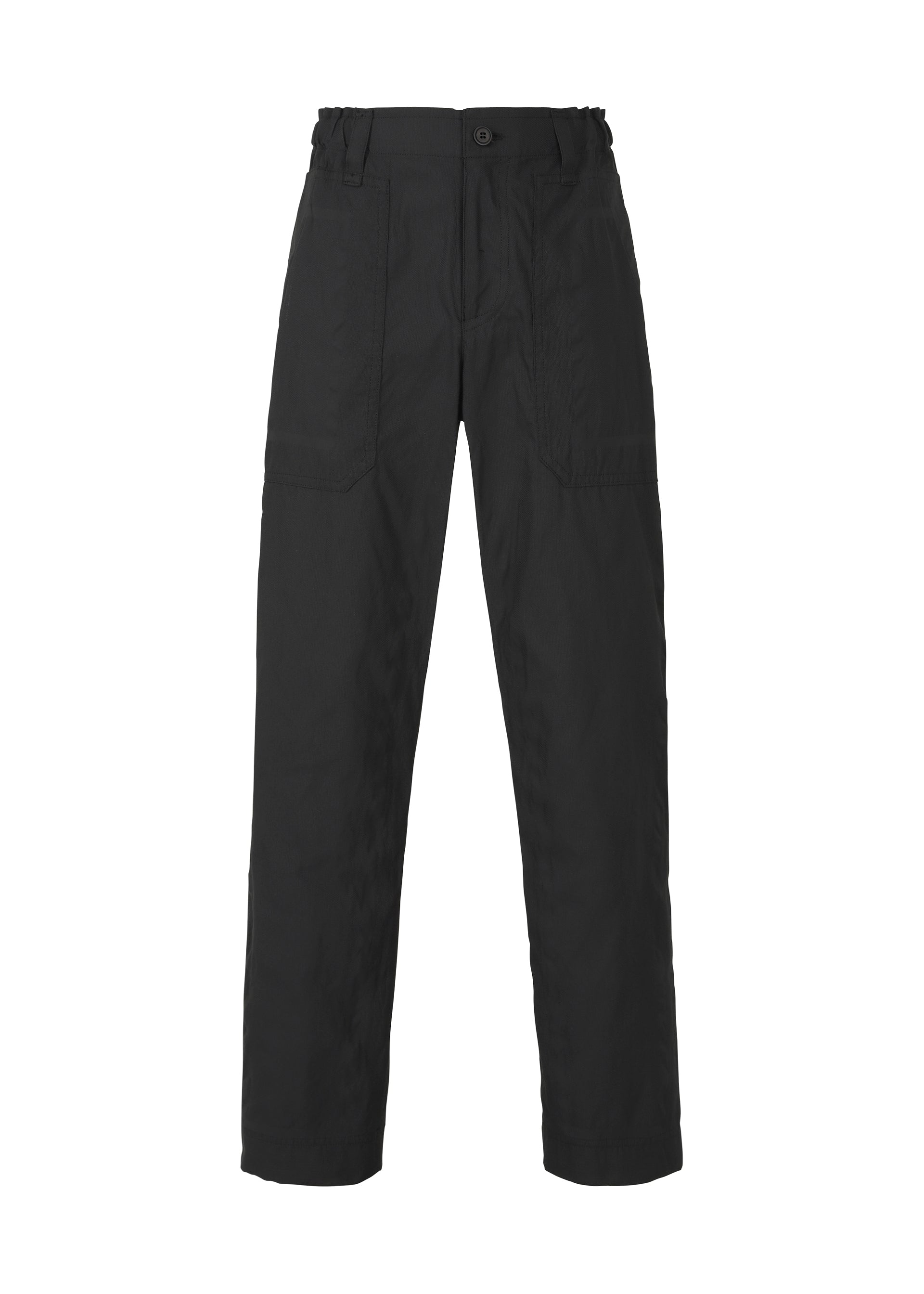 Zoomed view Introducing the TYPE-U 001 trousers by A-POC ABLE ISSEY MIYAKE: black straight-leg pants featuring a high waist, front button and zipper closure, and large front patch pockets. Crafted in wrinkle-resistant fabric for a polished look all day, these adjustable style pants are showcased against a white background. - BLACK （no.15）