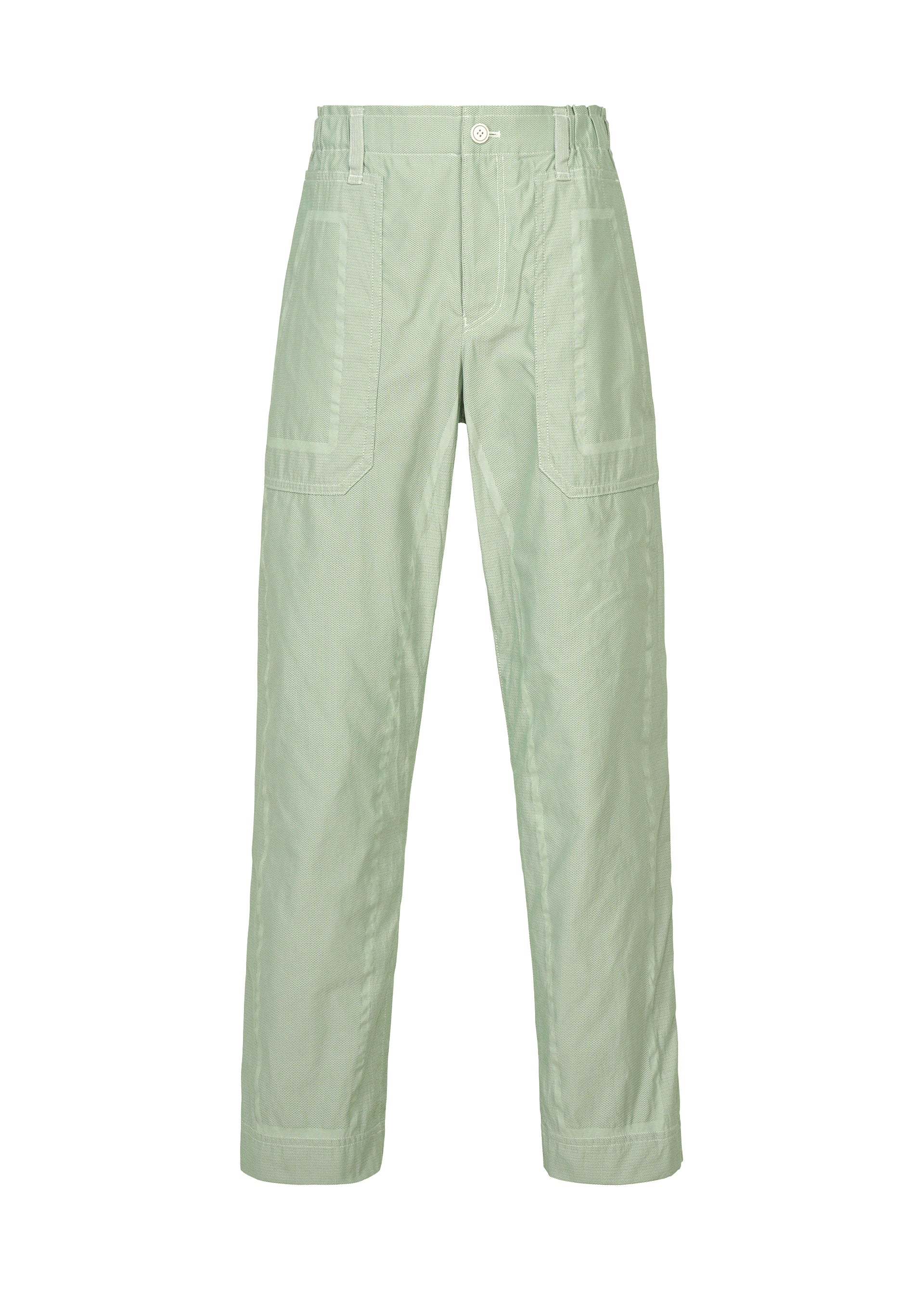 Zoomed view The TYPE-U 001 pants by A-POC ABLE ISSEY MIYAKE are light green, high-waisted straight-leg trousers featuring front patch pockets, a button and zipper closure, and crafted from a subtly textured, wrinkle-resistant fabric. Displayed against a plain white background, these pants combine effortless style with all-day comfort. - LIGHT GREEN （no.61）
