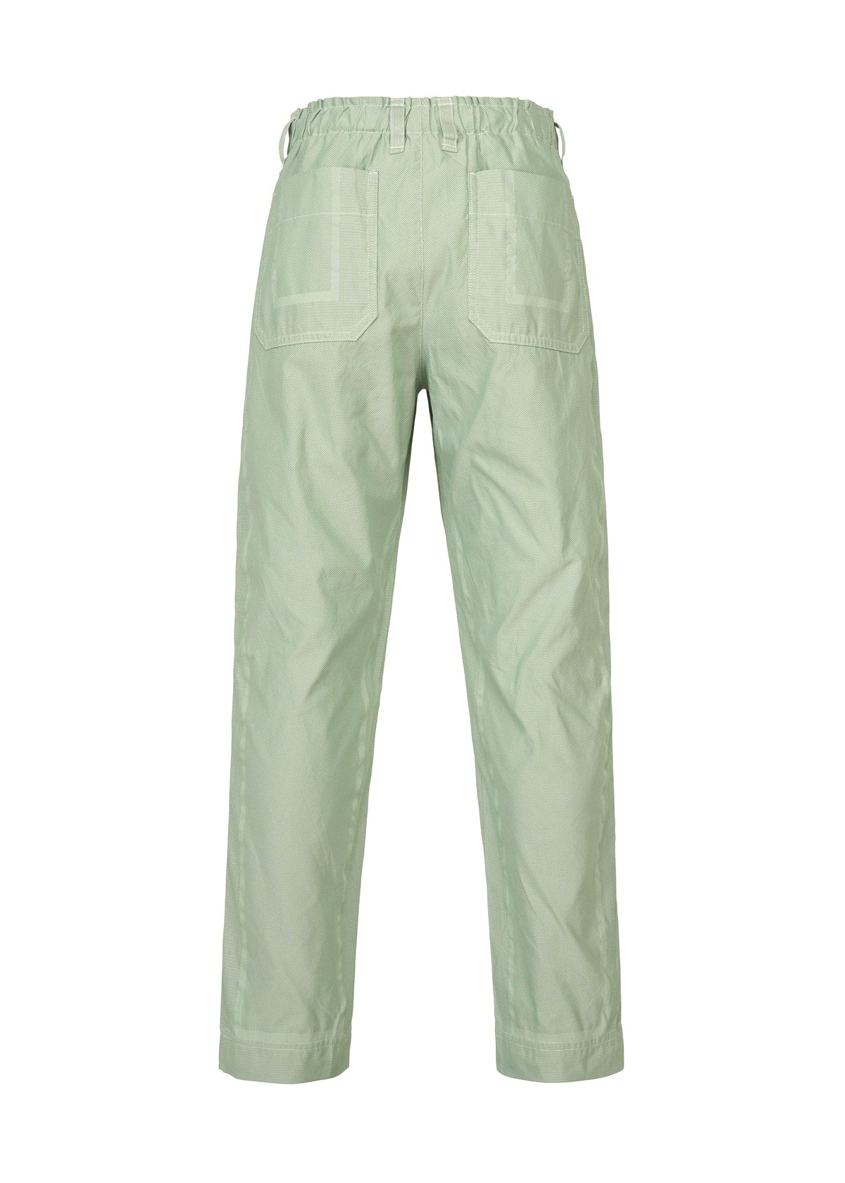 TYPE-U 001 pants by A-POC ABLE ISSEY MIYAKE shown from the back in light green. They feature a straight-leg cut, elastic waistband, and two large patch pockets at the back, accented by subtle stitching details. The lightweight, slightly textured fabric offers wrinkle resistance and versatile wear with an adjustable fit. view 4 of 6