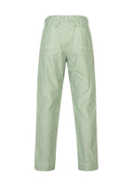 TYPE-U 001 pants by A-POC ABLE ISSEY MIYAKE shown from the back in light green. They feature a straight-leg cut, elastic waistband, and two large patch pockets at the back, accented by subtle stitching details. The lightweight, slightly textured fabric offers wrinkle resistance and versatile wear with an adjustable fit.