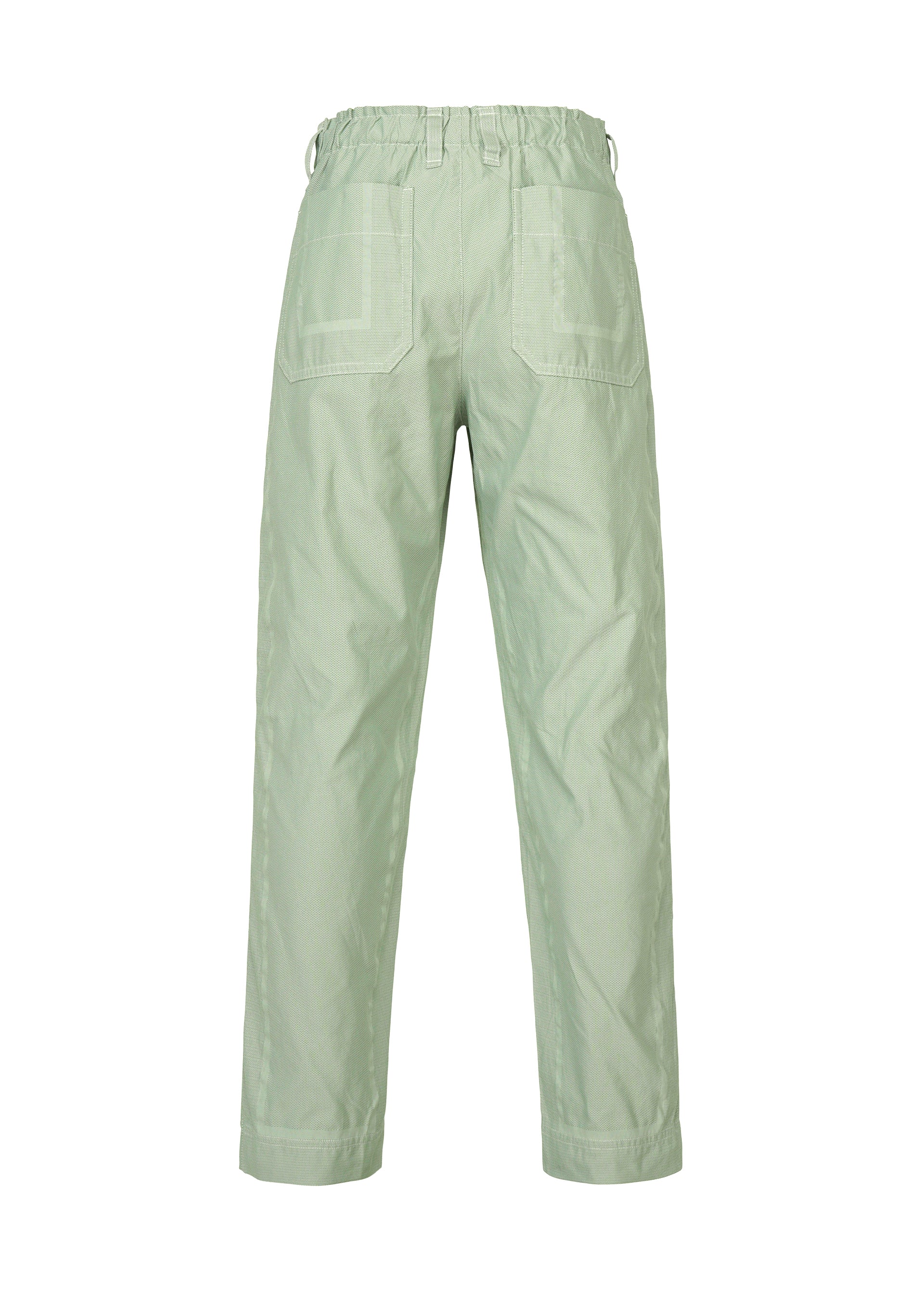 Zoomed view TYPE-U 001 pants by A-POC ABLE ISSEY MIYAKE shown from the back in light green. They feature a straight-leg cut, elastic waistband, and two large patch pockets at the back, accented by subtle stitching details. The lightweight, slightly textured fabric offers wrinkle resistance and versatile wear with an adjustable fit.