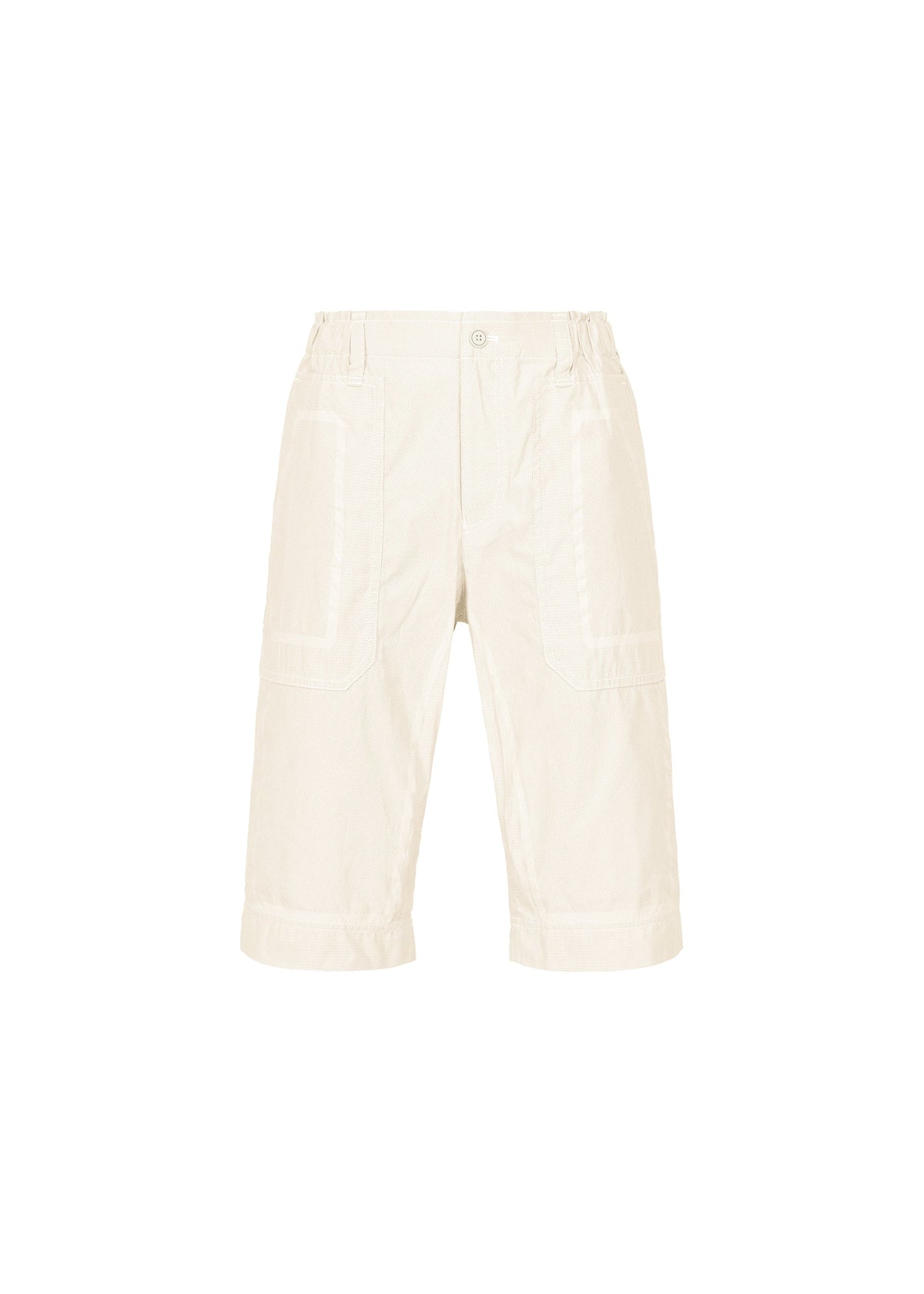 TYPE-U 001 by A-POC ABLE ISSEY MIYAKE: beige knee-length wrinkle-resistant shorts featuring front patch pockets, an elastic waistband, and a button closure, displayed on a plain white background. view 1 of 7