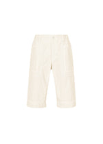 TYPE-U 001 by A-POC ABLE ISSEY MIYAKE: beige knee-length wrinkle-resistant shorts featuring front patch pockets, an elastic waistband, and a button closure, displayed on a plain white background. - IVORY （no.03）