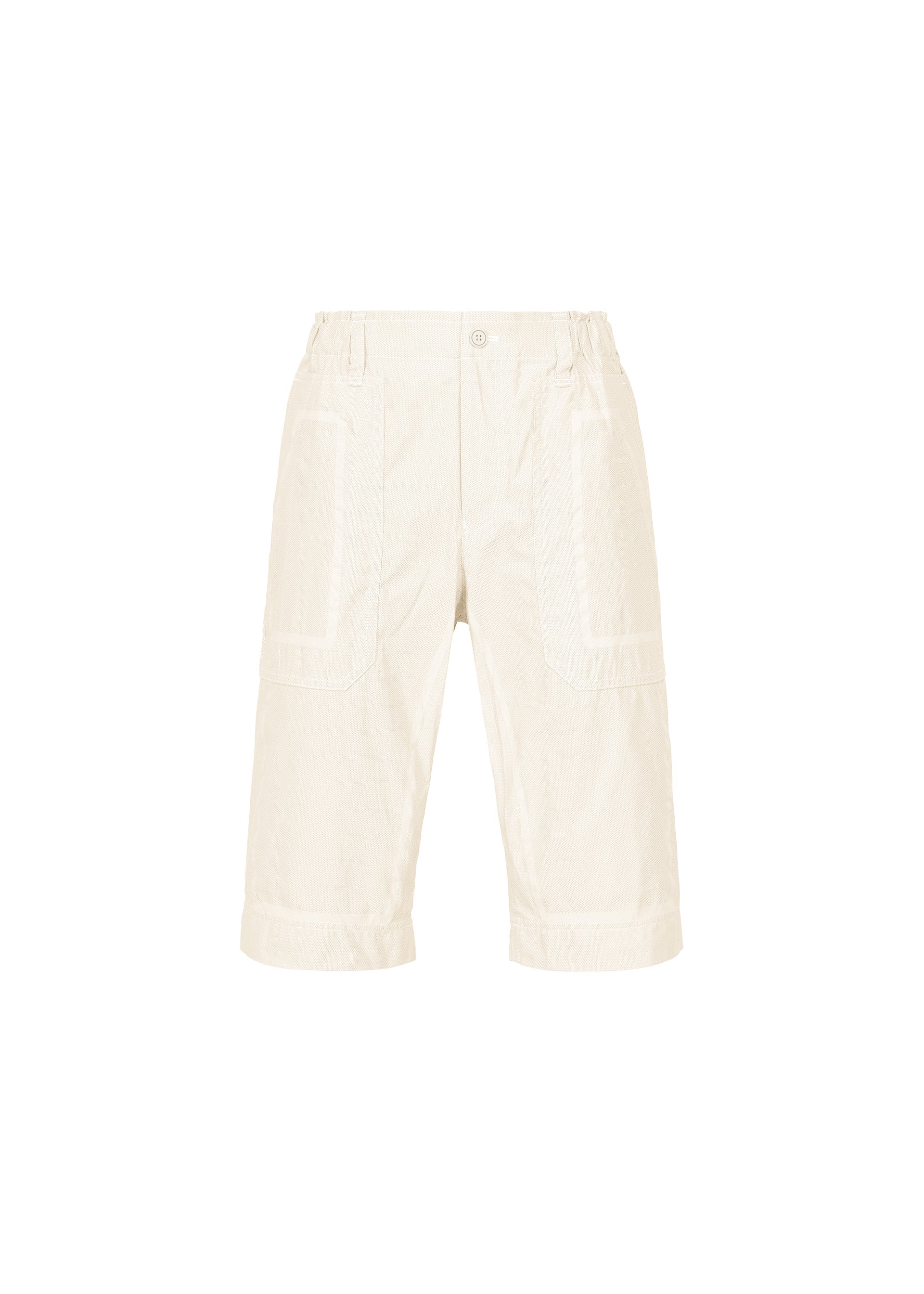 Zoomed view TYPE-U 001 by A-POC ABLE ISSEY MIYAKE: beige knee-length wrinkle-resistant shorts featuring front patch pockets, an elastic waistband, and a button closure, displayed on a plain white background. - IVORY （no.03）