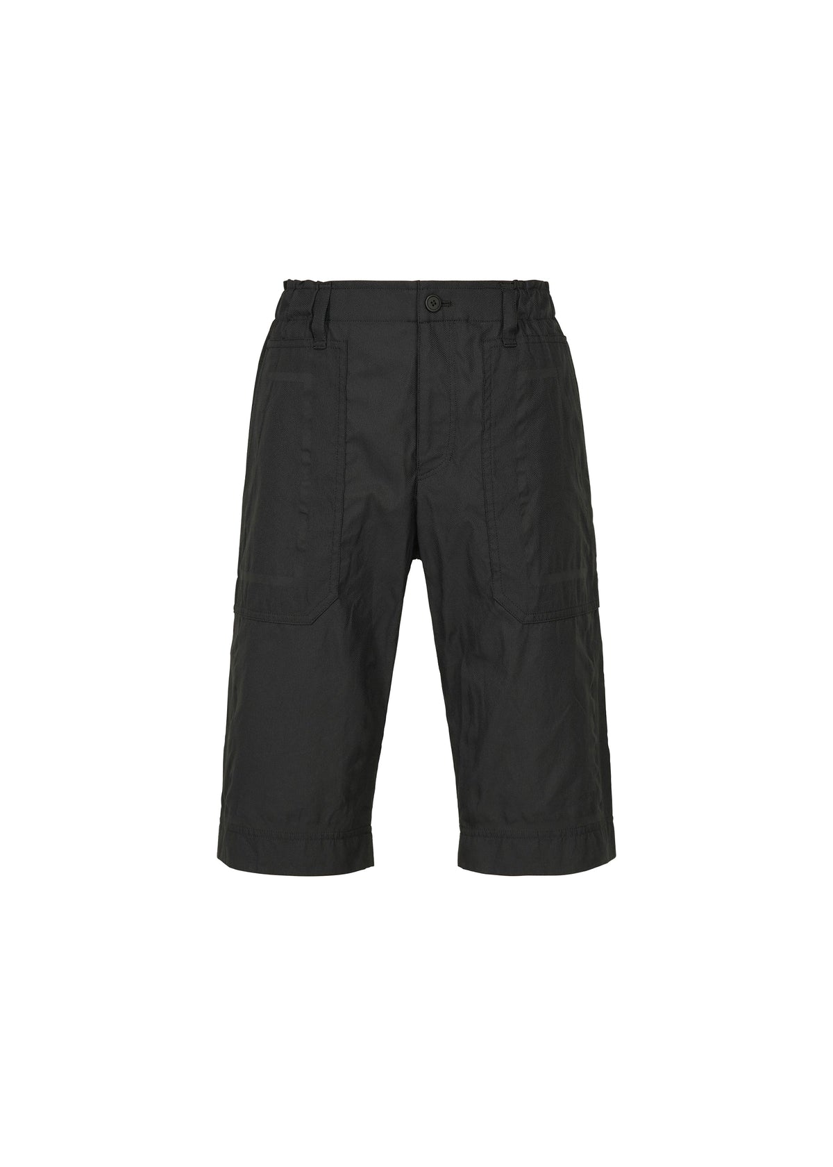 TYPE-U 001 by A-POC ABLE ISSEY MIYAKE: black, knee-length, wrinkle-resistant cargo shorts featuring front patch pockets and a button and zip closure, displayed on a plain white background. view 2 of 7