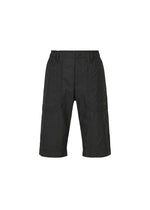 TYPE-U 001 by A-POC ABLE ISSEY MIYAKE: black, knee-length, wrinkle-resistant cargo shorts featuring front patch pockets and a button and zip closure, displayed on a plain white background. - BLACK （no.15）